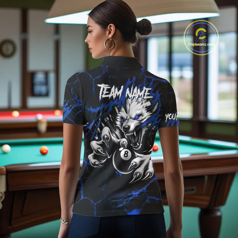 Personalized Thunder Lightning Wolf Billiard Shirts For Women Custom Billiard Team Jerseys |Blue TDM5466