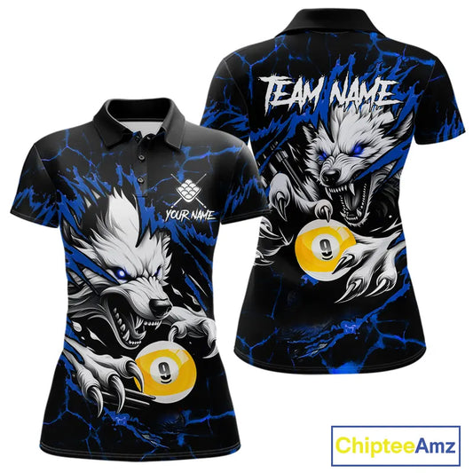 Personalized 9 Ball Pool Wolf Billiard Shirts For Women, Billiard Team Jersey Polo & 1/4 Zip |Blue TDM5468