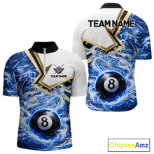 Load image into Gallery viewer, Blue 8 Ball Flame Smoke Golden Billiard Shirt For Men Custom Pool Team Jersey Polo &amp; 1/4 Zip TDM5735