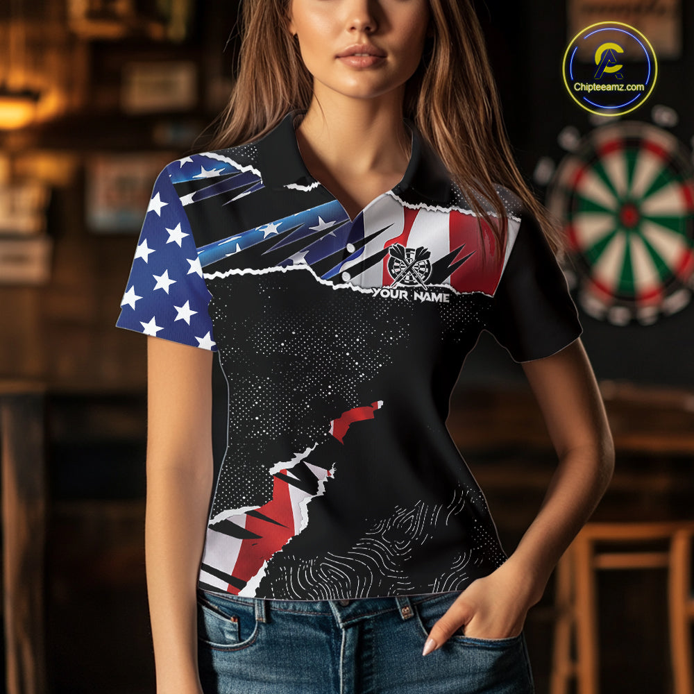 Custom Grunge American Flag Darts Shirt For Women, Patriotic Darts Team Jersey Polo & 1/4 Zip TDM5929