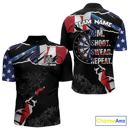 American Flag Aim Shoot Swear Repeat Darts Shirt For Men Custom Darts Jersey Team Polo & 1/4 Zip TDM5930