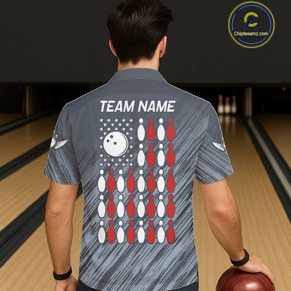 Personalized US Flag Grey Hawaiian Bowling Shirt For Women, Patriotic Bowling Team Jersey TDM6087