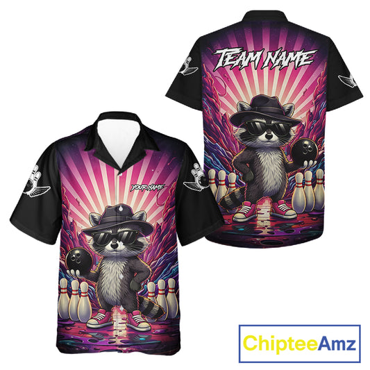 Pink Funny Raccoon Hawaiian Bowling Shirt For Women Custom Graffiti Bowling Team Jersey TDM6092