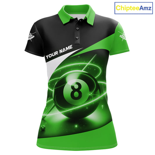 Green 8 Ball Pool Billiard Shirt For Women Custom Glowing Billiard Team Jersey Polo & 1/4 Zip TDM6342