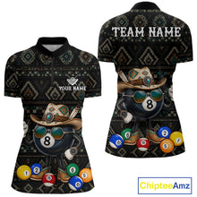 Load image into Gallery viewer, 8 ball tribal pattern billiard quarter zip shirt for women designed for league tournaments and team events.