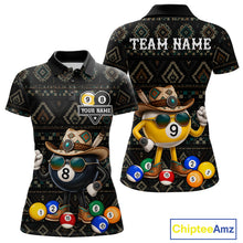 Load image into Gallery viewer, 8 ball and 9 ball tribal pattern billiard polo shirt for women with custom pool team graphics.
