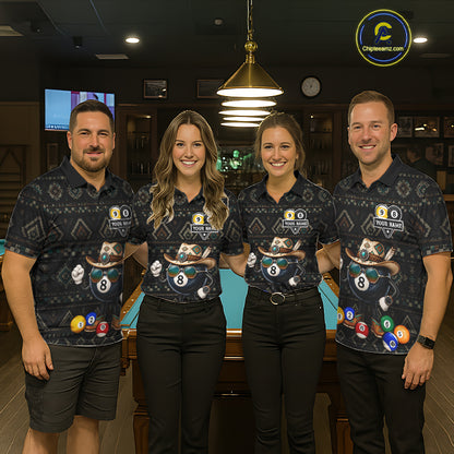 Pool team wearing matching 8 ball and 9 ball tribal billiard jerseys during league matches front view.