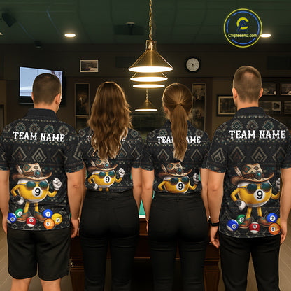 Back view of pool players wearing matching tribal pattern billiard shirts in a game room.
