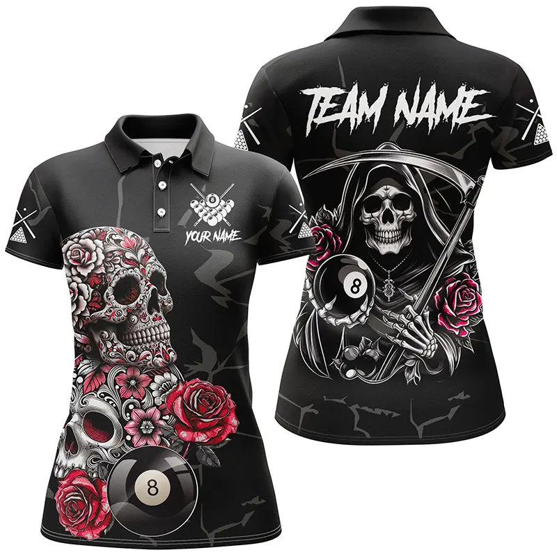 Personalized Red Funny Skull Roses 8 Ball Billiard Shirts For Women Custom Pool Team Shirts Designs TDM2755