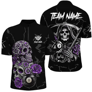 Personalized Purple Funny Skull Roses 8 Ball Billiard Shirts For Men Custom Pool Team Shirts Design TDM2756