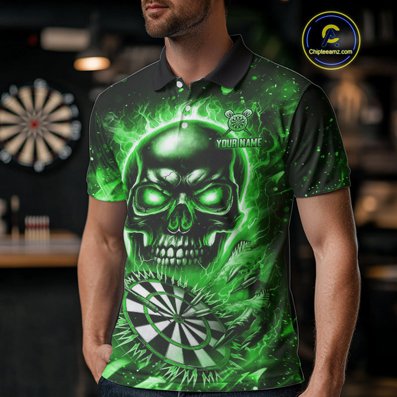 Green Flame Skull Dartboard Shirt For Men Custom Darts League Team Jersey Polo & Quarter Zip TDM5010