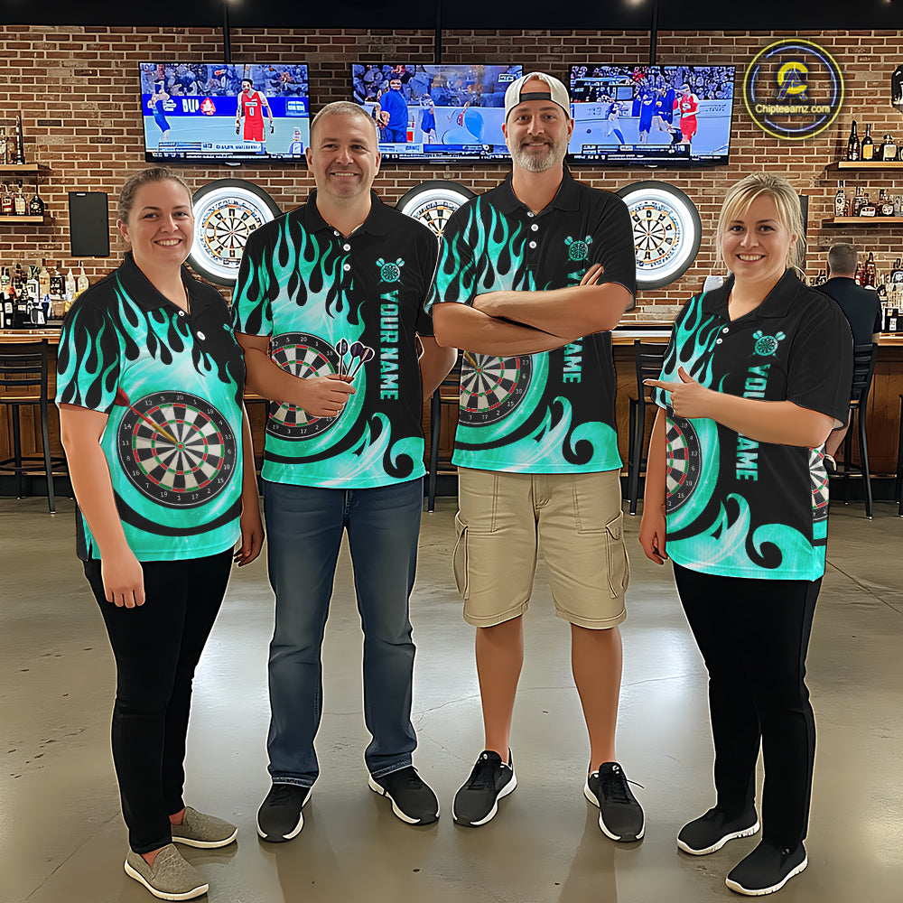 Black And Turquoise Flame Light Darts Polo & 1/4 Zip For Women Custom Darts League Team Jersey TDM5479