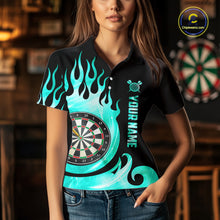 Load image into Gallery viewer, Black And Turquoise Flame Light Darts Polo &amp; 1/4 Zip For Women Custom Darts League Team Jersey TDM5479