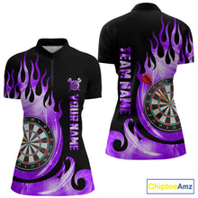 Load image into Gallery viewer, Black And Purple Custom Flame Light Darts Polo &amp; 1/4 Zip For Women, Darts League Team Jersey TDM5480