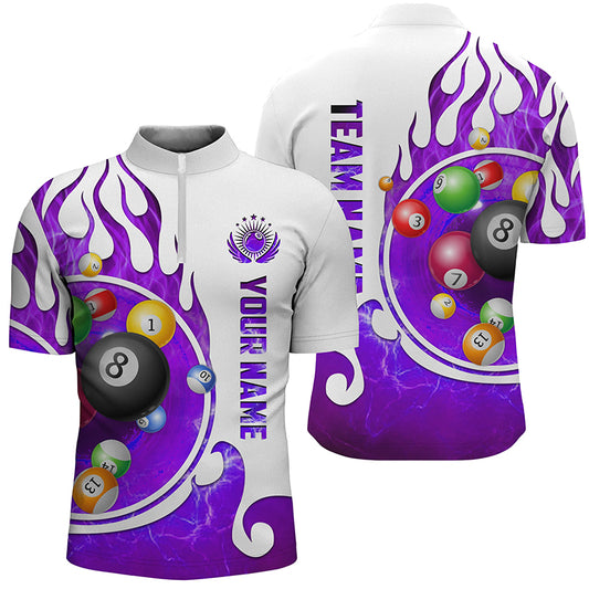 Customized Billiard Fire Men Quarter-Zip Shirts Custom Name Billiard Shirt Design | Purple TDM0917