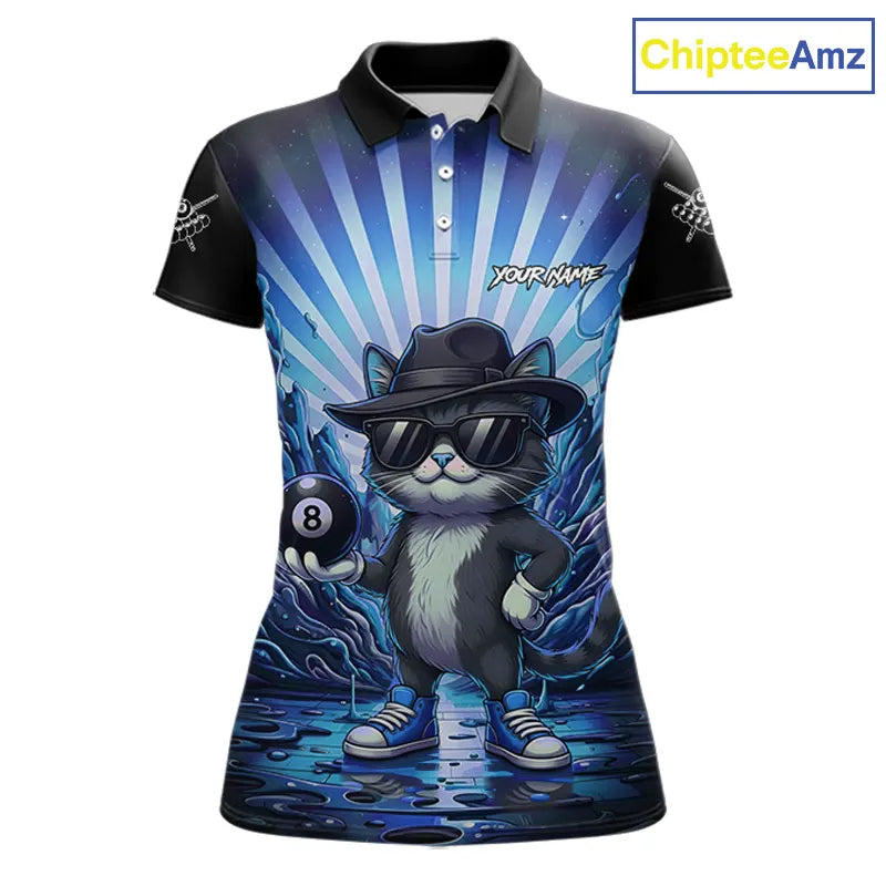 Funny Cat 8 Ball Billiard Shirt For Women Custom Blue Neon Graffiti Billiard Jersey Polo & 1/4 Zip TDM5742