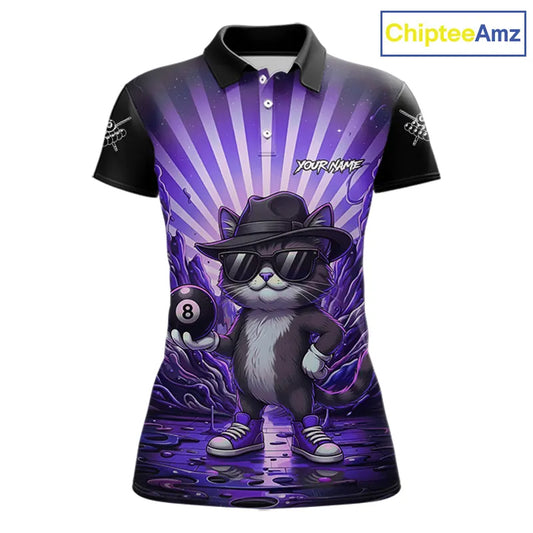 Funny Cat 8 Ball Billiard Shirt For Women Custom Purple Neon Graffiti Billiard Jersey Polo, 1/4 Zip TDM5743