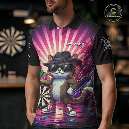 Pink Funny Cat Dartboard Neon Graffiti Darts Shirt For Men Custom Darts Jersey Team Polo & 1/4 Zip TDM5744