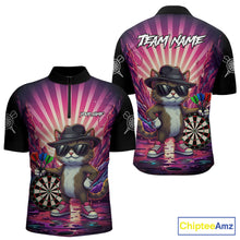Load image into Gallery viewer, Pink Funny Cat Dartboard Neon Graffiti Darts Shirt For Men Custom Darts Jersey Team Polo &amp; 1/4 Zip TDM5744