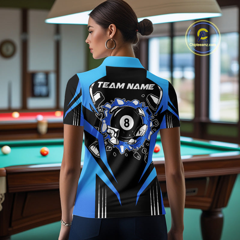 Funny Break 8 Ball Billiard Shirt For Women Custom Black And Blue Pool Team Jersey Polo, 1/4 Zip TDM6099