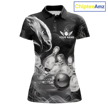 Black And White Custom Eagle Smoke Bowling Shirt For Women, Bowling Team Jersey Polo & 1/4 Zip TDM6356