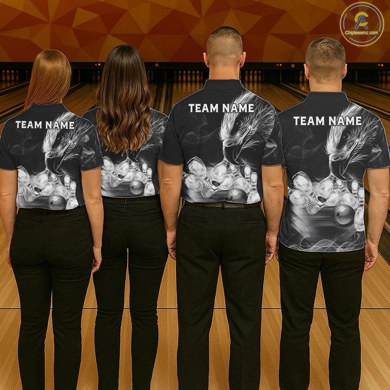 Black And White Custom Eagle Smoke Bowling Shirt For Men, Bowling Team Jersey Polo & 1/4 Zip TDM6356