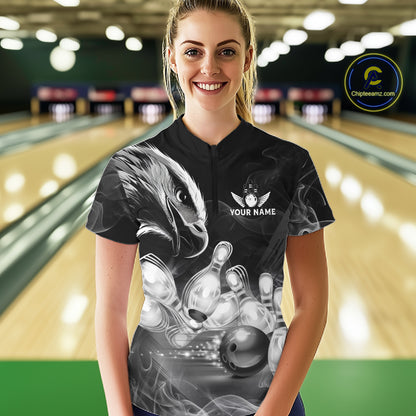 Black And White Custom Eagle Smoke Bowling Shirt For Women, Bowling Team Jersey Polo & 1/4 Zip TDM6356