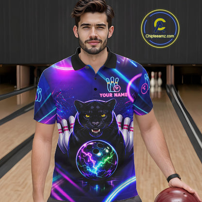 Neon Blue Purple Custom Panther Bowling Shirt For Men, Glowing Bowling Team Jersey Polo & 1/4 Zip TDM6358