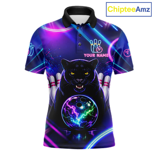 Neon Blue Purple Custom Panther Bowling Shirt For Men, Glowing Bowling Team Jersey Polo & 1/4 Zip TDM6358