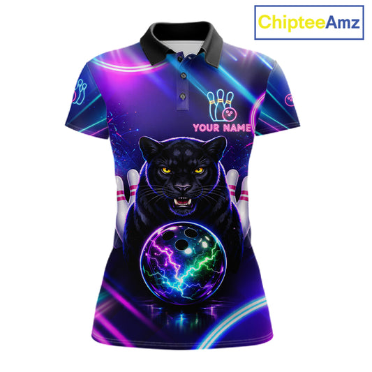 Neon Blue Purple Custom Panther Bowling Shirt For Women, Glowing Bowling Team Jersey Polo & 1/4 Zip TDM6358