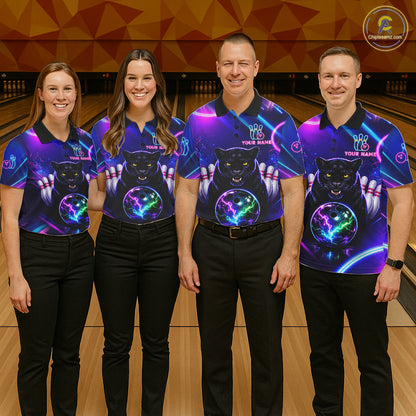 Neon Blue Purple Custom Panther Bowling Shirt For Men, Glowing Bowling Team Jersey Polo & 1/4 Zip TDM6358