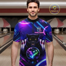 Load image into Gallery viewer, Neon Blue Purple Custom Panther Bowling Shirt For Men, Glowing Bowling Team Jersey Polo &amp; 1/4 Zip TDM6358