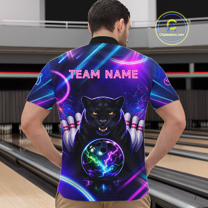 Neon Blue Purple Custom Panther Bowling Shirt For Men, Glowing Bowling Team Jersey Polo & 1/4 Zip TDM6358
