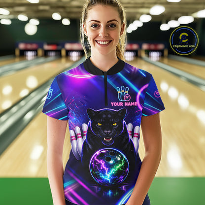 Neon Blue Purple Custom Panther Bowling Shirt For Women, Glowing Bowling Team Jersey Polo & 1/4 Zip TDM6358