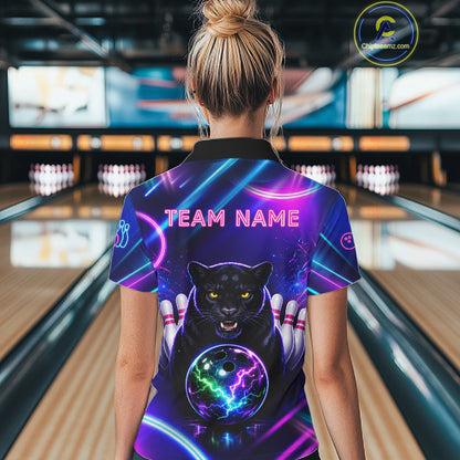 Neon Blue Purple Custom Panther Bowling Shirt For Women, Glowing Bowling Team Jersey Polo & 1/4 Zip TDM6358