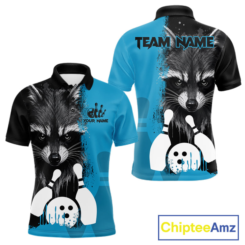 Black and blue raccoon bowling polo shirt for men with custom bowling team league graphics.