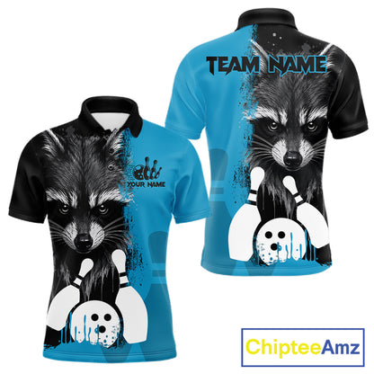 Black and blue raccoon bowling polo shirt for men with custom bowling team league graphics.