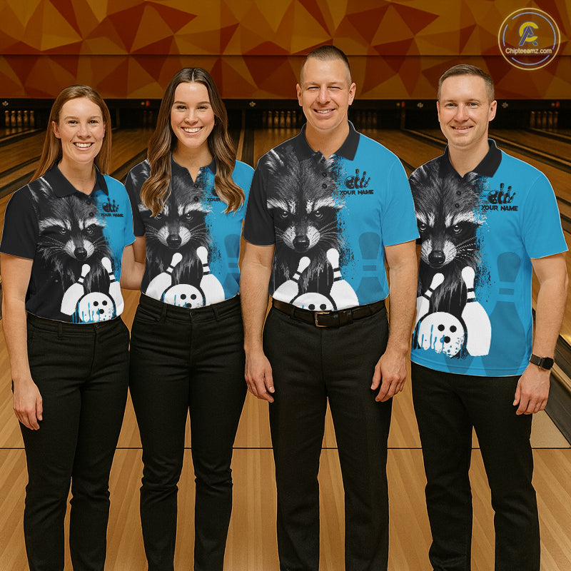 Bowling team wearing matching black and blue raccoon bowling jerseys during league matches front view.