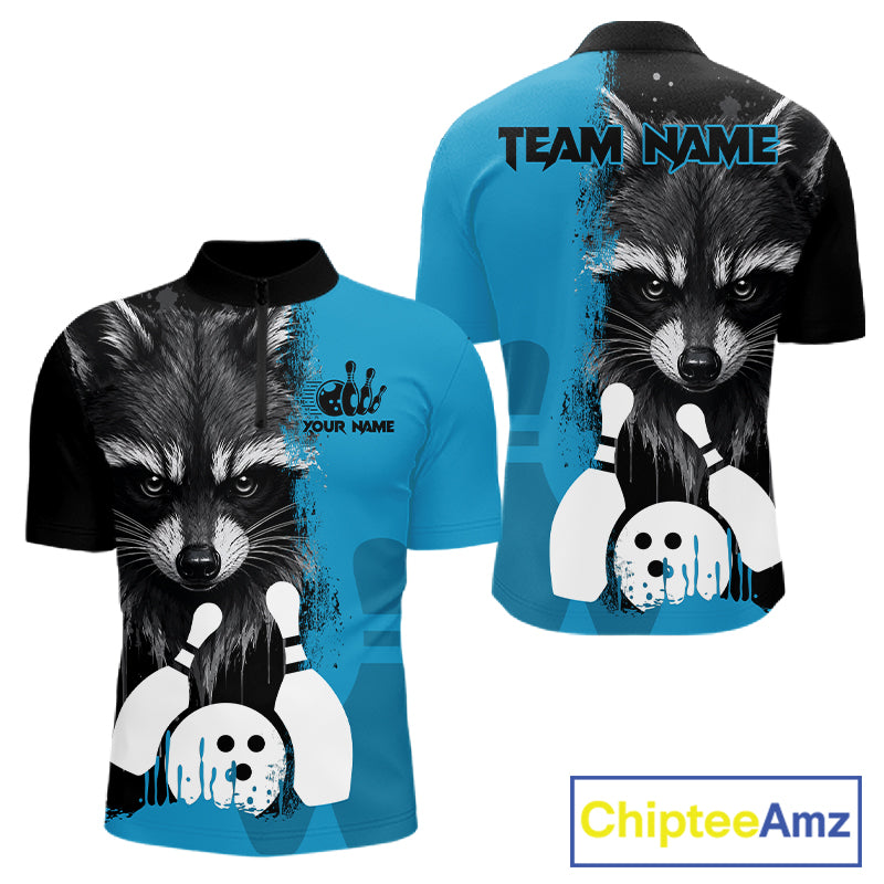 Black and blue raccoon bowling quarter zip shirt for men designed for league tournaments and team events.