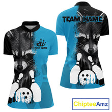 Load image into Gallery viewer, Black and blue raccoon bowling quarter zip shirt for women designed for league tournaments and team events.