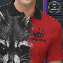 Load image into Gallery viewer, Close-up of a black and red raccoon bowling polo shirt collar, buttons, and raccoon artwork details.