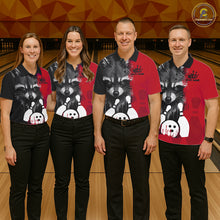 Load image into Gallery viewer, Bowling team wearing matching black and red raccoon bowling jerseys during league matches front view.