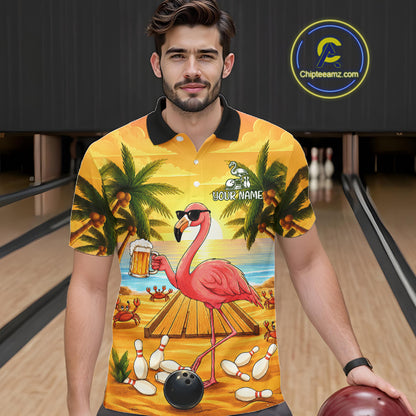 Man wearing a funny flamingo sunset tropical bowling polo shirt at a bowling alley front view.