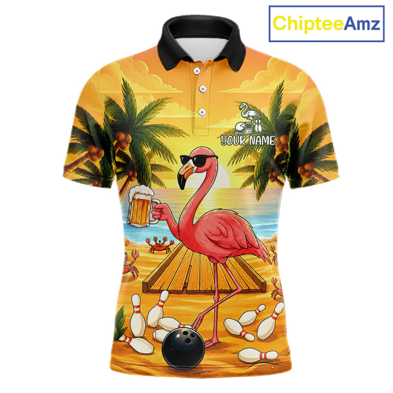 Funny flamingo sunset tropical bowling polo shirt for men with custom bowling team graphics.