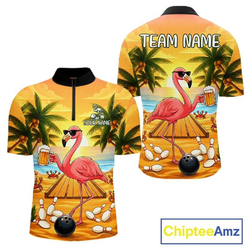 Funny flamingo sunset tropical bowling quarter zip shirt for men designed for league tournaments and team events.