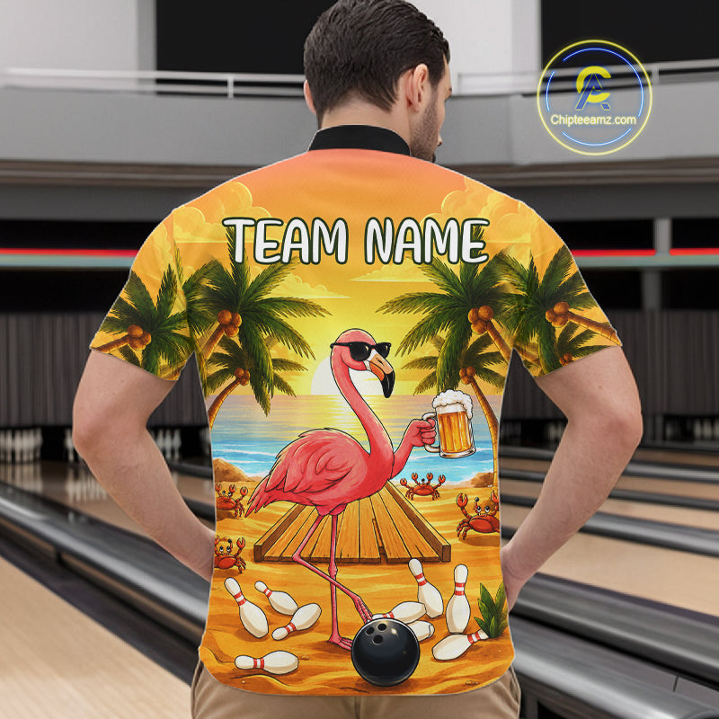 Back view of man wearing a funny flamingo sunset tropical bowling quarter zip shirt in a bowling alley.
