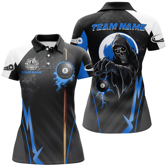 Funny Grim Reaper Ball 8 Fire Custom Women Billiard Shirts, Best 8 Ball Pool Jerseys |Blue TDM2035