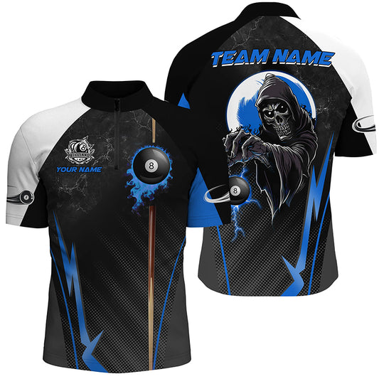 Funny Grim Reaper Ball 8 Fire Custom Men Billiard Shirts, Best 8 Ball Pool Jerseys |Blue TDM2035
