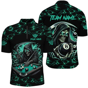 Turquoise Funny Death Skeleton 8 Ball Pool Men Billiard Shirts Custom Lightning Billiard Jerseys TDM2040