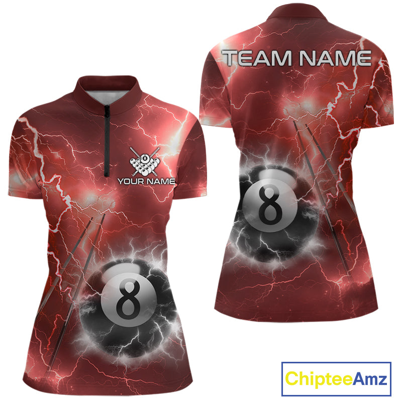 Personalized red thunder lightning 8 ball billiard team jersey quarter zip shirt for women featuring red lightning 8 ball graphics.